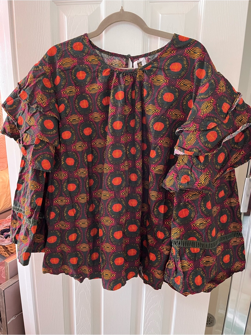 Woven Patterned Ruffle Sleeve Women's Top - Orange & Black Sz 3x